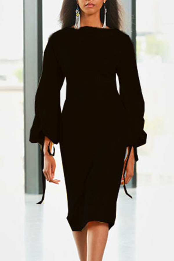 Black Casual Elegant Solid Patchwork Frenulum O Neck One Step Skirt Dresses