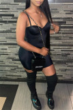 Black Sexy Casual Solid Backless Spaghetti Strap Skinny Romper