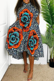 Multicolor Fashion Casual Print Asymmetrical Turtleneck Sleeveless Dress
