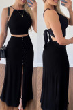 Black Sexy Casual Solid Bandage Backless Slit Spaghetti Strap Sleeveless Two Pieces