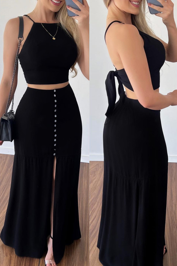 Black Sexy Casual Solid Bandage Backless Slit Spaghetti Strap Sleeveless Two Pieces