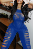 Blue Sexy Solid Hollowed Out Patchwork O Neck Skinny Jumpsuits