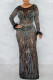 Black Fashion Sexy Patchwork Hot Drilling See-through O Neck Long Sleeve Dresses
