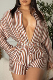Brown Fashion Casual Striped Print Basic Turndown Collar Long Sleeve Two Pieces