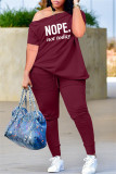 Grey Fashion Casual Letter Print Patchwork Oblique Collar Short Sleeve Two Pieces