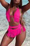 Pink Fashion Sexy Solid Tassel Bandage Swimwears