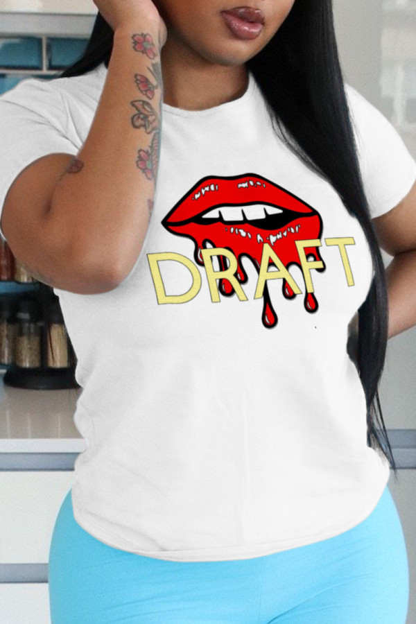 White Fashion Street Lips Printed Patchwork Letter O Neck T-Shirts