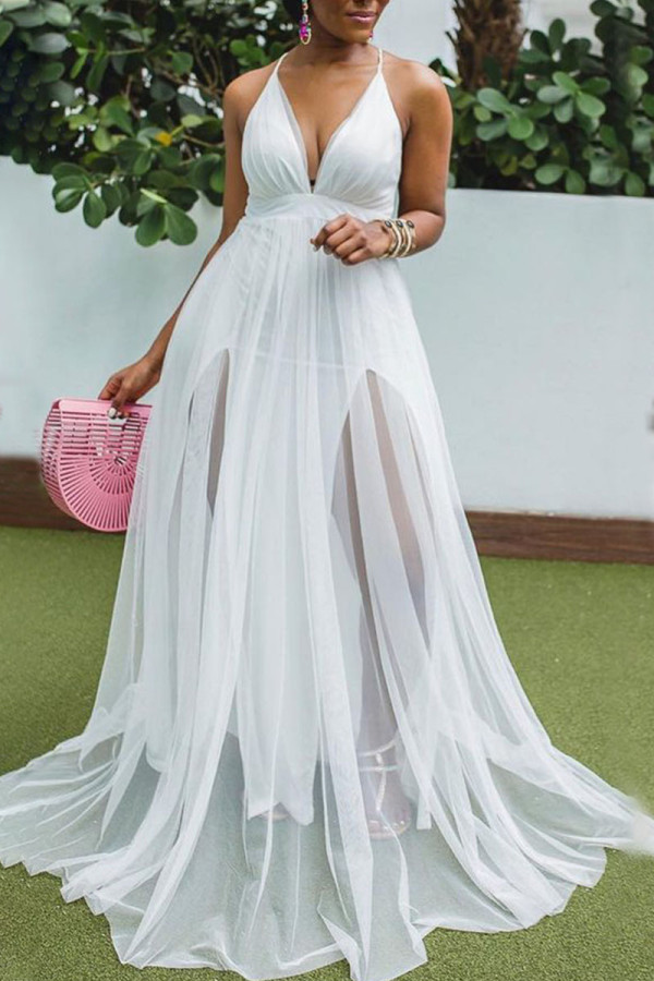 White Sexy Solid Patchwork Spaghetti Strap Ball Gown Dresses