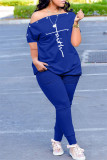 Blue Fashion Casual Print Patchwork Asymmetrical Oblique Collar Short Sleeve Two Pieces