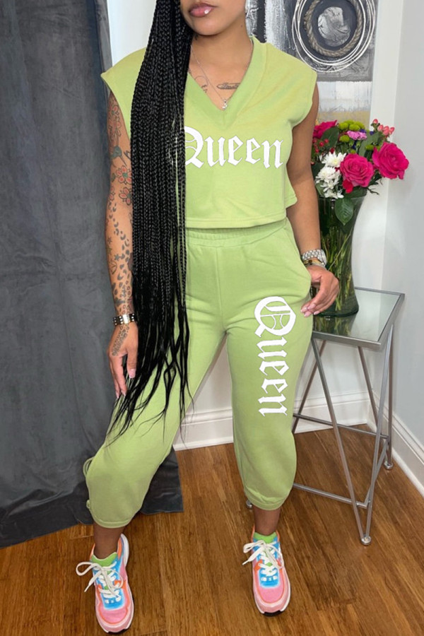 Grass Green Fashion Casual Letter Print Basic V Neck Sleeveless Two Pieces