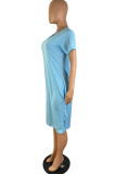 Light Blue Fashion Casual Solid Basic V Neck Short Sleeve Dress