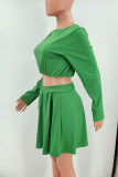 Green Fashion Casual Solid Patchwork O Neck Two Pieces
