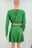 Green Fashion Casual Solid Patchwork O Neck Two Pieces