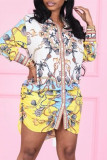 Red Fashion Casual Print Basic Turndown Collar Shirt Dress