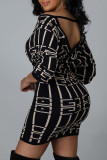 Black Sexy Print Patchwork V Neck Pencil Skirt Dresses