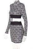 Black Fashion Street Print Patchwork Half A Turtleneck Long Sleeve Two Pieces