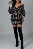 Black Sexy Print Patchwork V Neck Pencil Skirt Dresses
