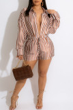 Brown Fashion Casual Striped Print Basic Turndown Collar Long Sleeve Two Pieces