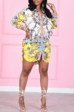 Red Fashion Casual Print Basic Turndown Collar Shirt Dress