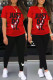 Red Fashion Casual Print Letter O Neck Short Sleeve Two Pieces