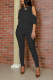Black Casual Solid Patchwork Asymmetrical O Neck Short Sleeve Two Pieces
