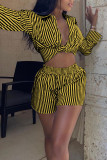 Blue Casual Striped Print Patchwork Buckle Turndown Collar Long Sleeve Two Pieces
