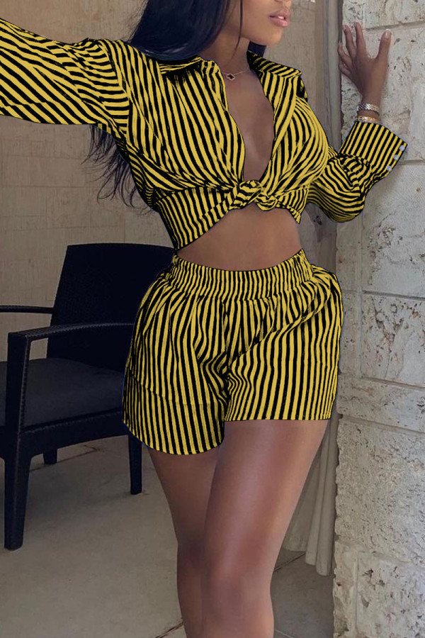 Yellow Black Casual Striped Print Patchwork Buckle Turndown Collar Long Sleeve Two Pieces