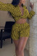 Yellow Black Casual Striped Print Patchwork Buckle Turndown Collar Long Sleeve Two Pieces