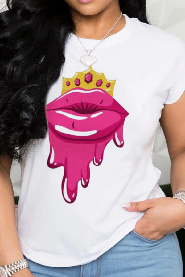 White Fashion Street Lips Printed Patchwork O Neck T-Shirts