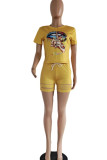 Yellow Casual Print Hollowed Out Split Joint O Neck Short Sleeve Two Pieces