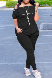 Black Fashion Casual Print Patchwork Asymmetrical Oblique Collar Short Sleeve Two Pieces