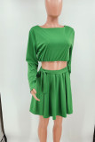 Green Fashion Casual Solid Patchwork O Neck Two Pieces
