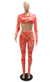 Orange Fashion Sexy Print Basic Turndown Collar Long Sleeve Two Pieces
