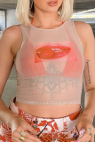 Grey Sexy Print Mesh Tops