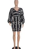 Black Sexy Print Patchwork V Neck Pencil Skirt Dresses