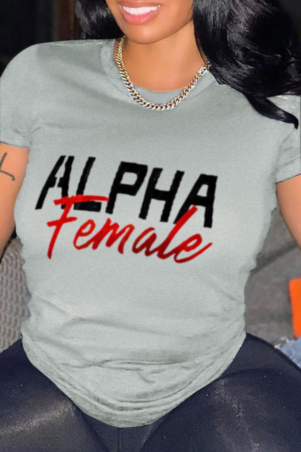 Grey Fashion Simplicity Print Patchwork Letter O Neck T-Shirts