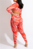 Orange Fashion Sexy Print Basic Turndown Collar Long Sleeve Two Pieces