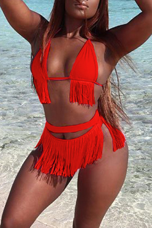 Red Fashion Sexy Solid Tassel Bandage Swimwears