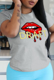 White Fashion Street Lips Printed Patchwork Letter O Neck T-Shirts