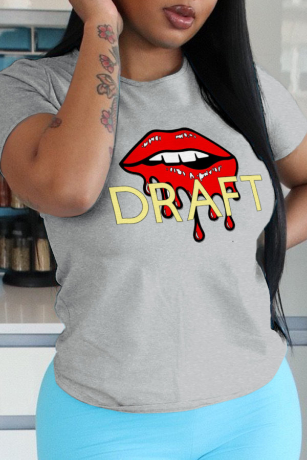 Grey Fashion Street Lips Printed Patchwork Letter O Neck T-Shirts