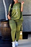 Green Fashion Casual Print Patchwork Asymmetrical Oblique Collar Short Sleeve Two Pieces