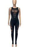 Blue Sexy Solid Hollowed Out Patchwork O Neck Skinny Jumpsuits