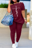 Blue Fashion Casual Print Patchwork Asymmetrical Oblique Collar Short Sleeve Two Pieces