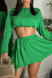 Green Fashion Casual Solid Patchwork O Neck Two Pieces