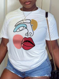 White Fashion Street Print Patchwork O Neck T-Shirts