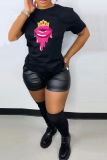 White Fashion Street Lips Printed Patchwork O Neck T-Shirts