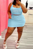 Blue Sexy Casual Letter Hot Drilling Basic U Neck Plus Size Two Pieces