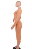 Tangerine Sexy Solid Split Joint V Neck One Step Skirt Dresses