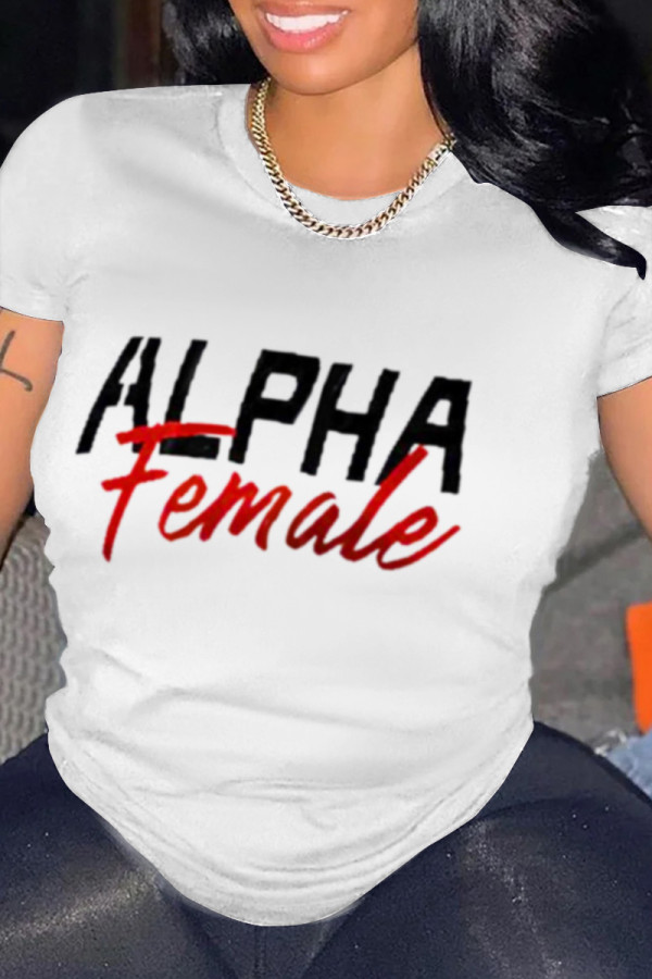 White Fashion Simplicity Print Patchwork Letter O Neck T-Shirts