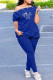 Blue Fashion Casual Letter Hot Drilling Patchwork Oblique Collar Short Sleeve Two Pieces